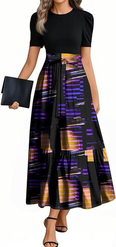 Summer Dresses for Women Elegant High Waist Maxi Dress Flowy Casual Long Dress A-Line Floral Printrd Dress with Belt in Saudi Arabia