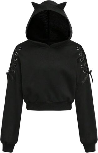 Girl's Lace Up Long Sleeve Hoodies Hooded Neck Cropped Sweatshirts Cute Pullover Tops in Saudi Arabia