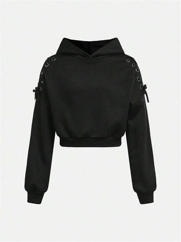 Girl's Lace Up Long Sleeve Hoodies Hooded Neck Cropped Sweatshirts Cute Pullover Tops in Saudi Arabia