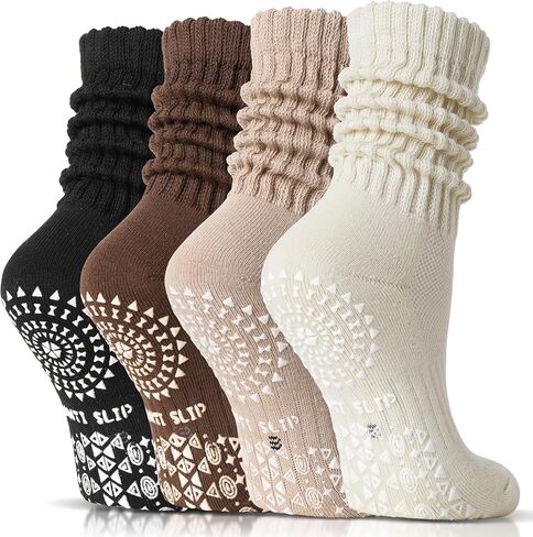 Sandsuced Pilates Slouch Socks with Grips Non Slip Yoga Socks Winter Warm Cozy Scrunch Boot Crew Slipper 4 Pairs for Women in Saudi Arabia