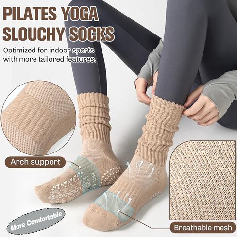 Sandsuced Pilates Slouch Socks with Grips Non Slip Yoga Socks Winter Warm Cozy Scrunch Boot Crew Slipper 4 Pairs for Women in Saudi Arabia