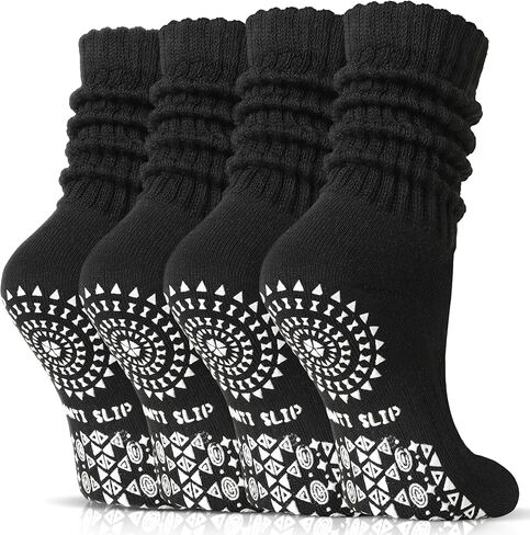 Sandsuced Pilates Slouch Socks with Grips Non Slip Yoga Socks Winter Warm Cozy Scrunch Boot Crew Slipper 4 Pairs for Women in Saudi Arabia