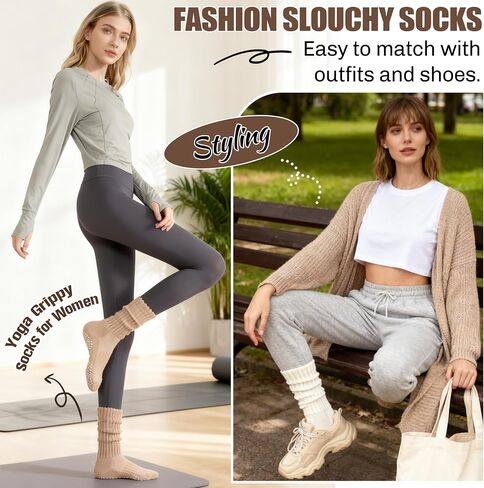 Sandsuced Pilates Slouch Socks with Grips Non Slip Yoga Socks Winter Warm Cozy Scrunch Boot Crew Slipper 4 Pairs for Women in Saudi Arabia