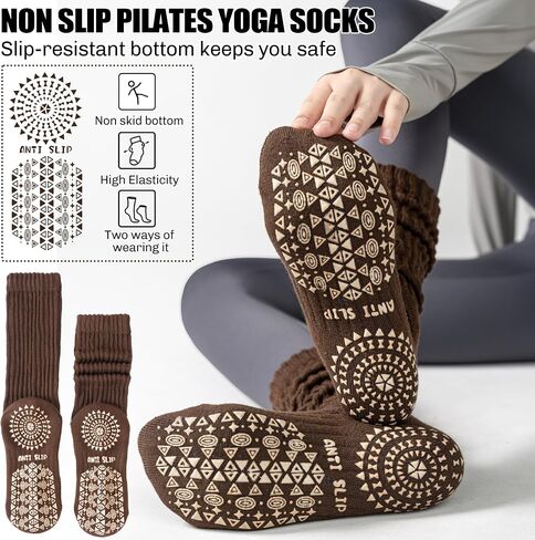 Sandsuced Pilates Slouch Socks with Grips Non Slip Yoga Socks Winter Warm Cozy Scrunch Boot Crew Slipper 4 Pairs for Women in Saudi Arabia
