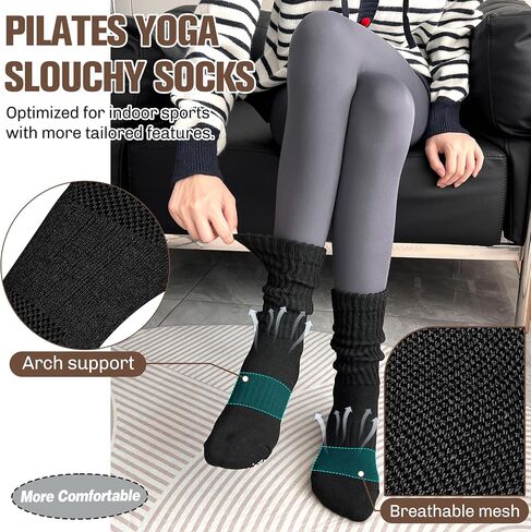 Sandsuced Pilates Slouch Socks with Grips Non Slip Yoga Socks Winter Warm Cozy Scrunch Boot Crew Slipper 4 Pairs for Women in Saudi Arabia