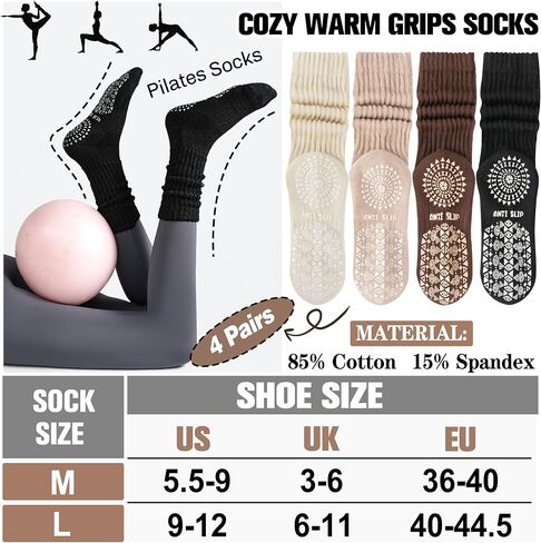 Sandsuced Pilates Slouch Socks with Grips Non Slip Yoga Socks Winter Warm Cozy Scrunch Boot Crew Slipper 4 Pairs for Women in Saudi Arabia