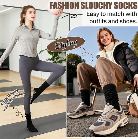 Sandsuced Pilates Slouch Socks with Grips Non Slip Yoga Socks Winter Warm Cozy Scrunch Boot Crew Slipper 4 Pairs for Women in Saudi Arabia