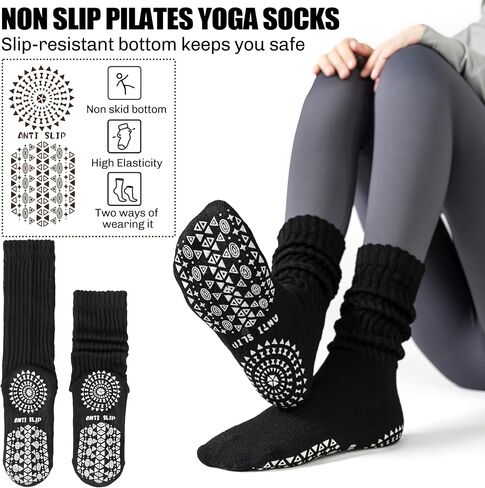 Sandsuced Pilates Slouch Socks with Grips Non Slip Yoga Socks Winter Warm Cozy Scrunch Boot Crew Slipper 4 Pairs for Women in Saudi Arabia