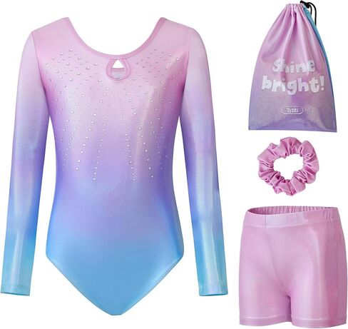 Gymnastics Leotards for Girls Long Sleeve Kids Tumbling Gymnastic Outfit Clothes with Shorts Storage Bag in Saudi Arabia
