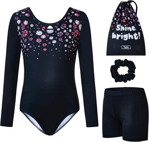 Gymnastics Leotards for Girls Long Sleeve Kids Tumbling Gymnastic Outfit Clothes with Shorts Storage Bag in Saudi Arabia