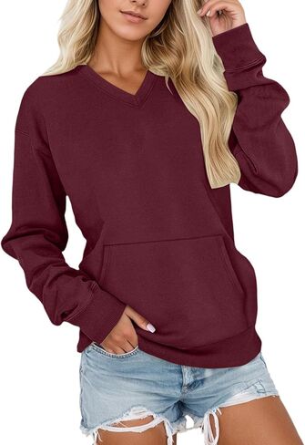 V Neck Sweatshirt Women with Pocket No Hood Comfy Soft Fall Winter Outfits Lounge Long Sleeve Casual Pullover Top in Saudi Arabia