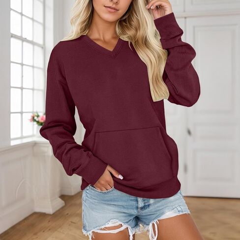 V Neck Sweatshirt Women with Pocket No Hood Comfy Soft Fall Winter Outfits Lounge Long Sleeve Casual Pullover Top in Saudi Arabia