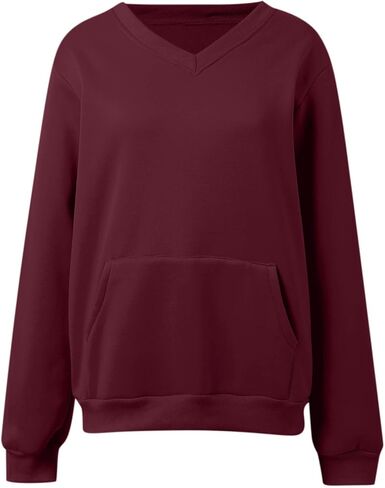 V Neck Sweatshirt Women with Pocket No Hood Comfy Soft Fall Winter Outfits Lounge Long Sleeve Casual Pullover Top in Saudi Arabia