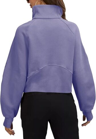 بلوزات نسائية نصف سحاب بلوفر قصير رقبة على شكل قمع صوف مبطن بسحاب وأكمام طويلة فتحة إبهام أرجواني in Kuwait