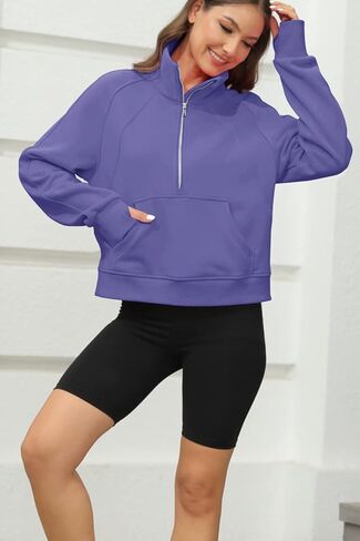 بلوزات نسائية نصف سحاب بلوفر قصير رقبة على شكل قمع صوف مبطن بسحاب وأكمام طويلة فتحة إبهام أرجواني in Kuwait