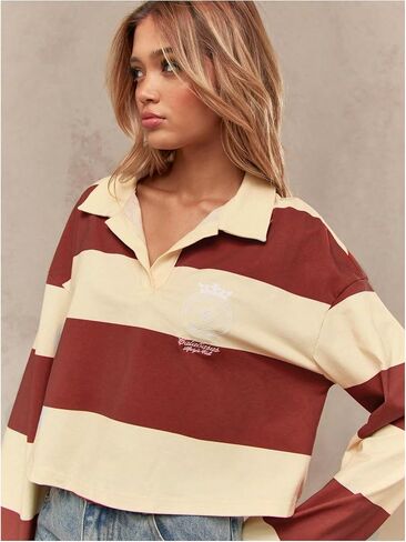 SweatyRocks Women's Striped Sweatshirt Long Sleeve Rugby Streetwear Going Out Top in Saudi Arabia