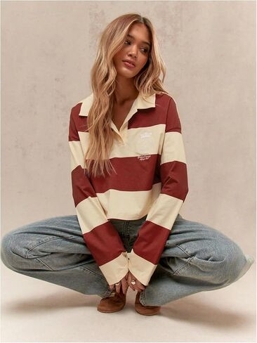 SweatyRocks Women's Striped Sweatshirt Long Sleeve Rugby Streetwear Going Out Top in Saudi Arabia