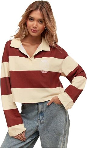 SweatyRocks Women's Striped Sweatshirt Long Sleeve Rugby Streetwear Going Out Top in Saudi Arabia