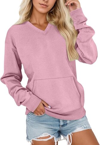 V Neck Sweatshirt Women with Pocket No Hood Comfy Soft Fall Winter Outfits Lounge Long Sleeve Casual Pullover Top in Saudi Arabia