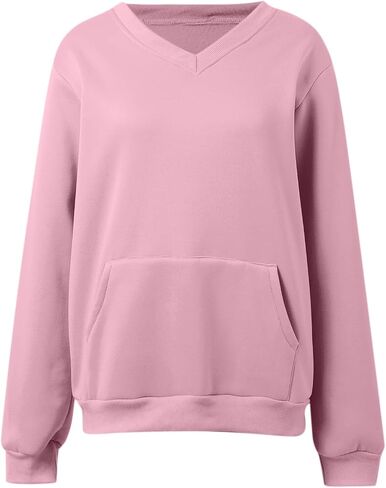V Neck Sweatshirt Women with Pocket No Hood Comfy Soft Fall Winter Outfits Lounge Long Sleeve Casual Pullover Top in Saudi Arabia