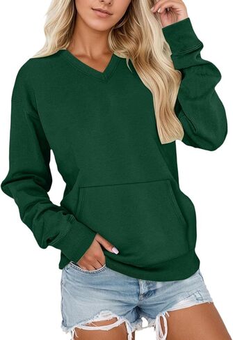 V Neck Sweatshirt Women with Pocket No Hood Comfy Soft Fall Winter Outfits Lounge Long Sleeve Casual Pullover Top in Saudi Arabia