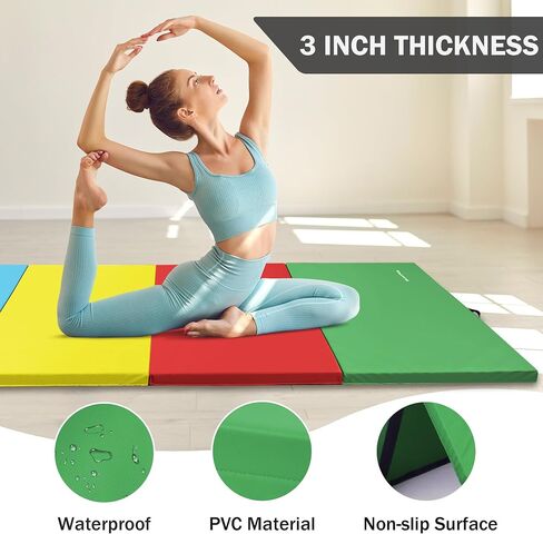 Fitvids Folding Exercise Aerobics Mat, 4'x10'x3" Extra Thick High Density Anti Tear Gymnastics Gym Folding Exercise Aerobics Mats for MMA, Stretching, Cheerleading Martial Arts, Gymnastic, Blue in Saudi Arabia