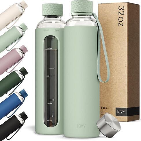 KIVY Glass Water Bottle with Silicone Sleeve 32 oz [WITH MEASUREMENT] - Borosilicate Glass Water Bottle Screw Top - Clear Bottles with Measurement Marking - Slim Waterbottle Aesthetic - Cream White in Saudi Arabia