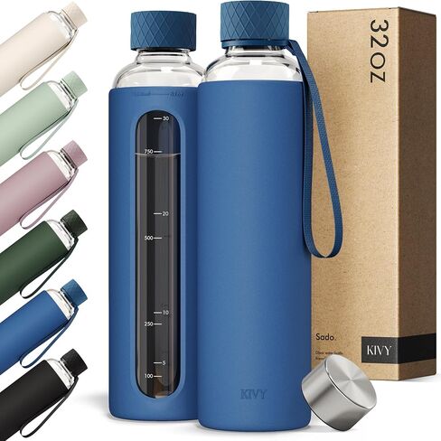 KIVY Glass Water Bottle with Silicone Sleeve 32 oz [WITH MEASUREMENT] - Borosilicate Glass Water Bottle Screw Top - Clear Bottles with Measurement Marking - Slim Waterbottle Aesthetic - Cream White in Saudi Arabia