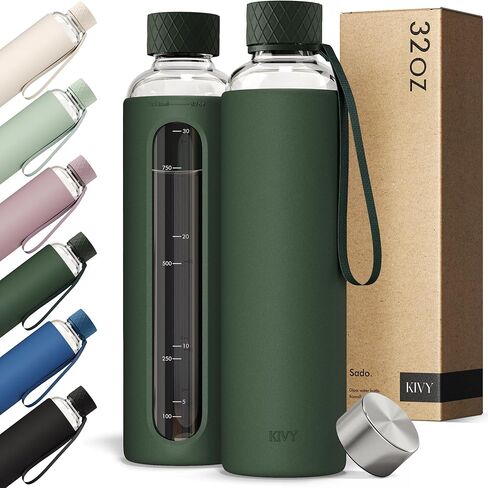 KIVY Glass Water Bottle with Silicone Sleeve 32 oz [WITH MEASUREMENT] - Borosilicate Glass Water Bottle Screw Top - Clear Bottles with Measurement Marking - Slim Waterbottle Aesthetic - Cream White in Saudi Arabia