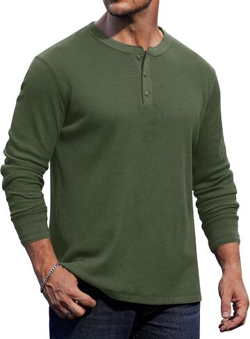 Mens Waffle Henley Shirts Thermal Textured Stretch Long Sleeve Solid Button Pullover (S-XXL) in Saudi Arabia