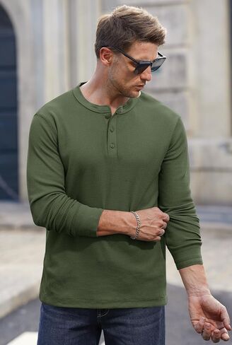 Mens Waffle Henley Shirts Thermal Textured Stretch Long Sleeve Solid Button Pullover (S-XXL) in Saudi Arabia