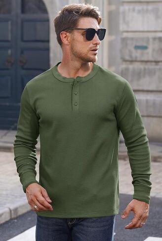 Mens Waffle Henley Shirts Thermal Textured Stretch Long Sleeve Solid Button Pullover (S-XXL) in Saudi Arabia