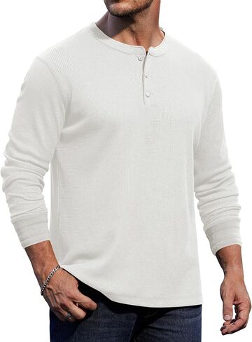Mens Waffle Henley Shirts Thermal Textured Stretch Long Sleeve Solid Button Pullover (S-XXL) in Saudi Arabia