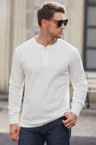 Mens Waffle Henley Shirts Thermal Textured Stretch Long Sleeve Solid Button Pullover (S-XXL) in Saudi Arabia