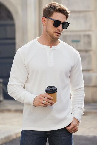 Mens Waffle Henley Shirts Thermal Textured Stretch Long Sleeve Solid Button Pullover (S-XXL) in Saudi Arabia