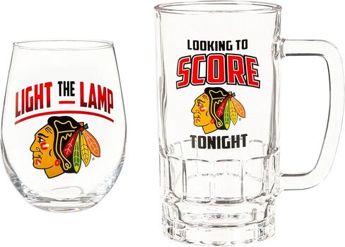 NHL Chicago Blackhawks Gift Set with 17oz Stemless Glass Cup & 16oz Glass Tankard Cup, Beer Drinking Glasses For Bar, Alcohol, Beverages, Coffee, Teas, Gifts for Hockey Fans in Saudi Arabia