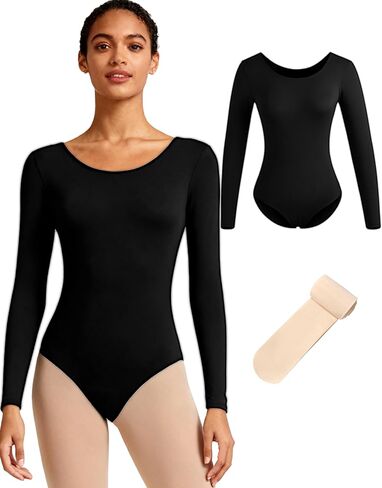 ثوب رقص باليه أسود للنساء مع لباس ضيق للرقص بأكمام طويلة، مقاس S-XXL للبالغين in Kuwait