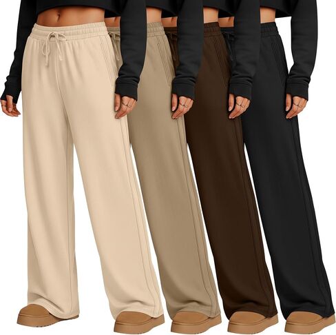 4 Pack Women's Lounge Pants, Comfy Wide Leg Yoga Pants High Waisted Drawstring Baggy Sweatpants with Pockets in Saudi Arabia