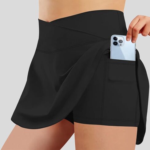 Womens Tennis Short, Crossover High Waisted Tennis Skirts with Pockets and Underneath Shorts, Workout Athletic Skort Skirt in Saudi Arabia