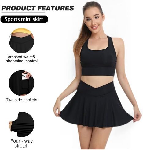 Womens Tennis Short, Crossover High Waisted Tennis Skirts with Pockets and Underneath Shorts, Workout Athletic Skort Skirt in Saudi Arabia