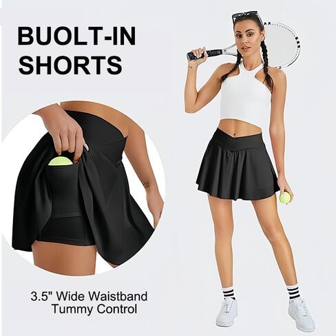 Womens Tennis Short, Crossover High Waisted Tennis Skirts with Pockets and Underneath Shorts, Workout Athletic Skort Skirt in Saudi Arabia
