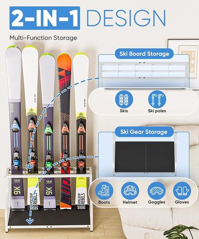Ski Storage Rack for Garage — Freestanding Ski Holder for 4 Pair Skis, Boot, Helmet, Goggles, Indoor Snowboard Rack Organizer Stand for Home, Shed, Basement, Black in Saudi Arabia