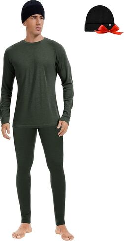 أطقم طبقات أساسية من صوف ميرينو بنسبة 100% للرجال - مجموعة هدايا ملابس داخلية حرارية خفيفة ومتوسطة الوزن مع قبعة صغيرة من الصوف in Kuwait