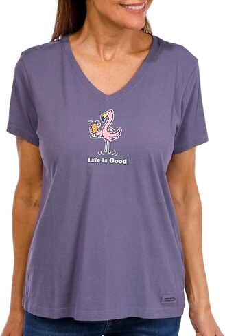 Life is Good. Women's Flamingo Cocktail Short Sleeve Crusher-LITE Vee, Dusk Purple in Saudi Arabia