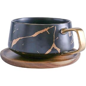 LUCCK 12oz Ceramic Marble Tea Cup with Wooden Saucer Ceramic Coffee Cup Cappuccino Cup Luxury Gold Inlay Fashion Marble Pattern for Women(Black) in Saudi Arabia