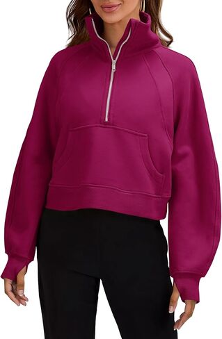 بلوزات نسائية نصف سحاب بلوفر قصير رقبة على شكل قمع صوف مبطن بسحّاب وأكمام طويلة قطع علوية بفتحة إبهام باللون الأحمر الوردي in Kuwait