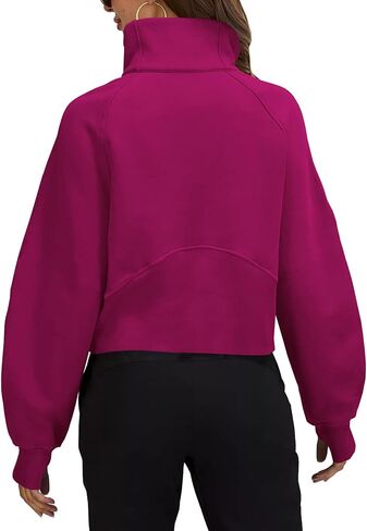 بلوزات نسائية نصف سحاب بلوفر قصير رقبة على شكل قمع صوف مبطن بسحّاب وأكمام طويلة قطع علوية بفتحة إبهام باللون الأحمر الوردي in Kuwait