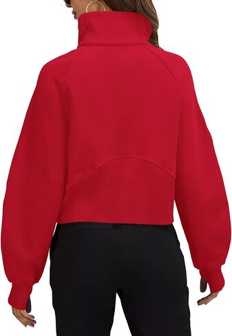 بلوزات نسائية نصف سحاب بلوفر قصير رقبة على شكل قمع صوف مبطن بسحاب وأكمام طويلة فتحة إبهام أحمر in Kuwait