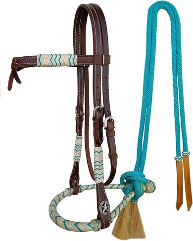 CHALLENGER Horse Western Knotted Bosal Rawhide Hanger Headstall w/Turquoise Braided Reins 78J04TR in Saudi Arabia