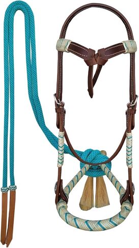CHALLENGER Horse Western Knotted Bosal Rawhide Hanger Headstall w/Turquoise Braided Reins 78J04TR in Saudi Arabia